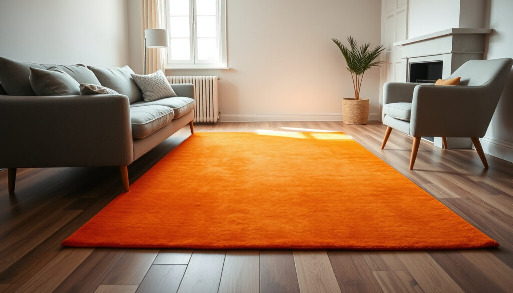 Oranssi suorakulmainen matto olohuoneen lattialla sohvan ja nojatuolien alla luonnonvalossa