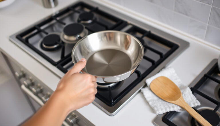 Henkilö tarkastelee ruostumattoman teräksen paistinpannun paistopintaa lieden ääressä, tyypöllä lasta ja siivousliina.