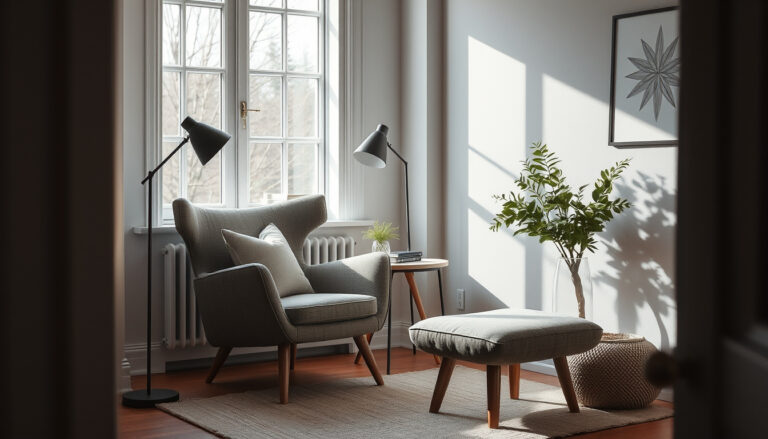 Tyylikäs design-nojatuoli valoisassa lukunurkkauksessa sivupöydän, lattiavalaisimen ja jalkatuen kanssa