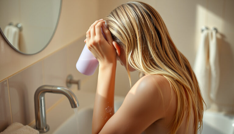Vaaleiden hiusten pesu pesualtaassa: violettipigmenttinen shampoo vaahtoutuu märkiin hiuksiin keltaisuutta taittaen.