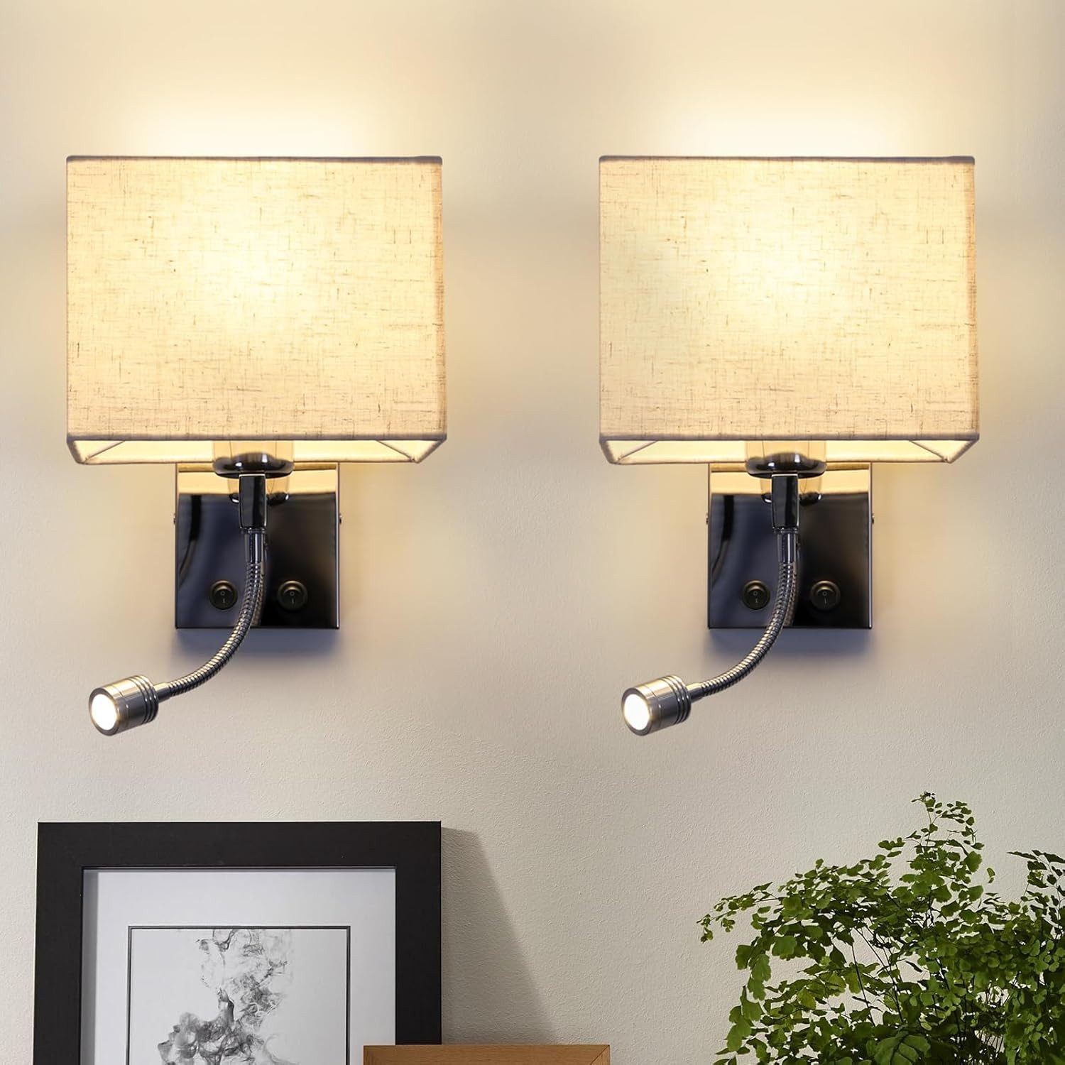 ZMH LED-seinävalaisin, lukulamppu, kangasvarjostin